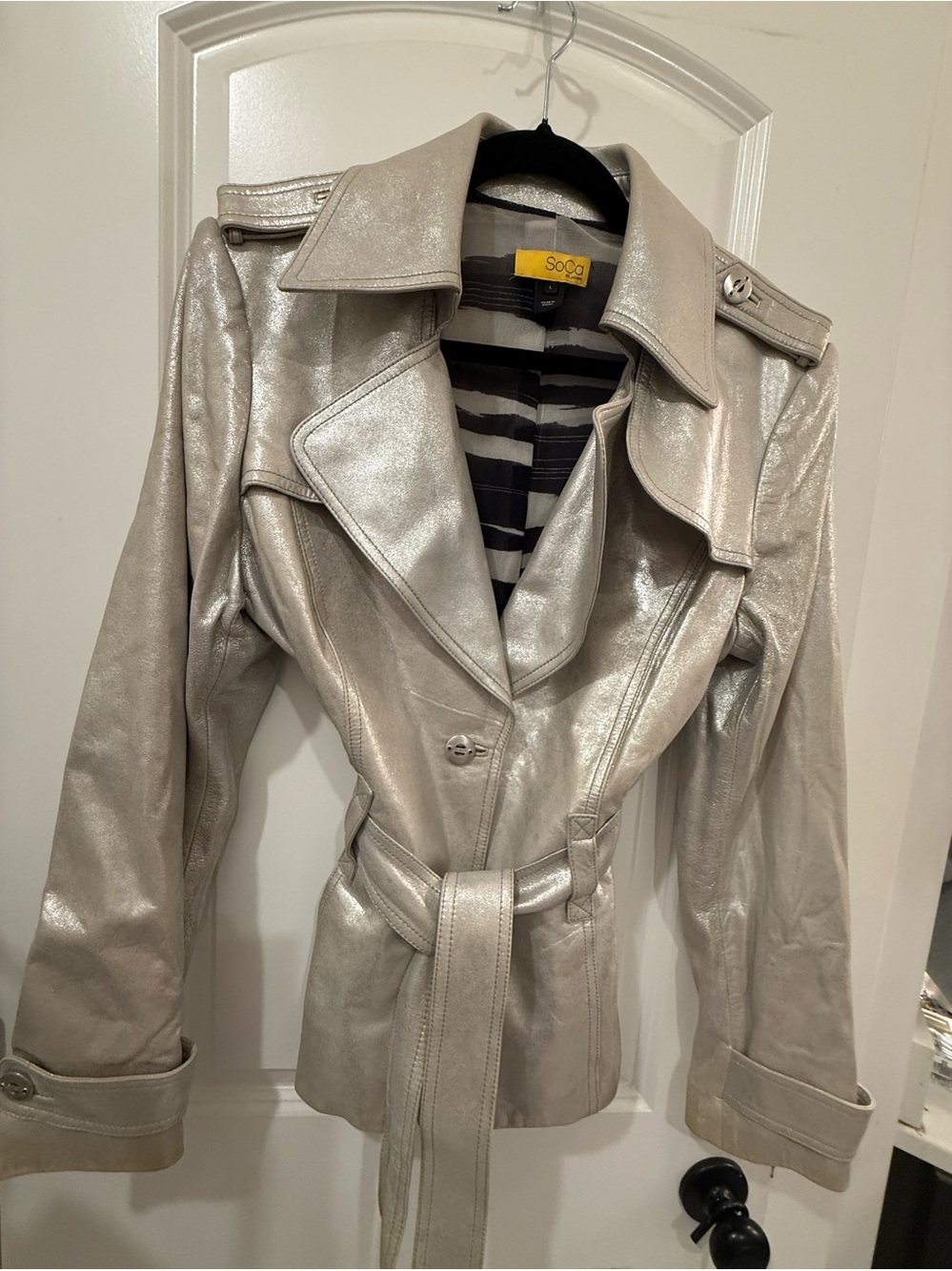 Metallic Silver Trench Coat with Waist Tie